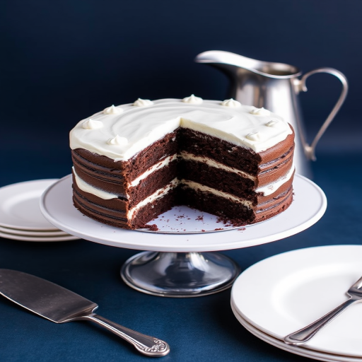 A beautifully decorated chocolate cake with white frosting on a cake stand partially sliced revealing layers of chocolate and frosting a silver cake server next to it with a simple plate in the background and a metallic pitcher behind the cake all set against a dark blue backdrop.