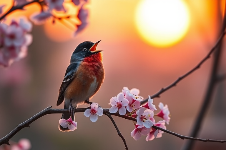 A vibrant bullfinch singing on a cherry blossom branch at sunrise, with a soft focus background, captured using a DSLR camera at f/2.8, ISO 200, and a 50mm lens.
