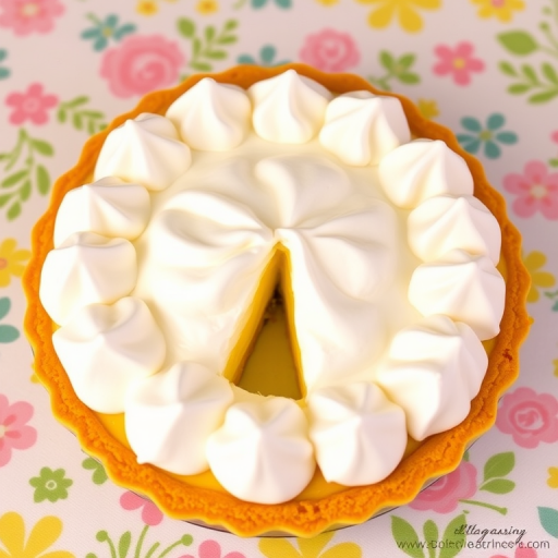 Create an image of a delicious lemon meringue pie with fluffy white meringue peaks on top and a golden crust. The pie should have a slice cut out, revealing the bright yellow lemon filling inside. The background should be a colorful tablecloth with a light, cheerful pattern.