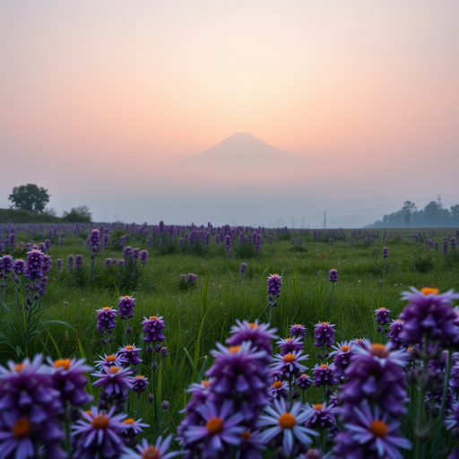 Landscape photograph of a purple flower field at sunrise with a misty mountain in the background, captured with a Canon EOS 5D Mark IV, 24mm lens, aperture f/8, ISO 100, shutter speed 1/200 sec, in a wide-angle view for depth and detail.