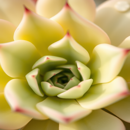 close-up of a succulent plant with glossy leaves in soft pastel hues, shallow depth of field, macro lens, f/2.8 aperture, 50mm lens, natural light, Canon EOS R5