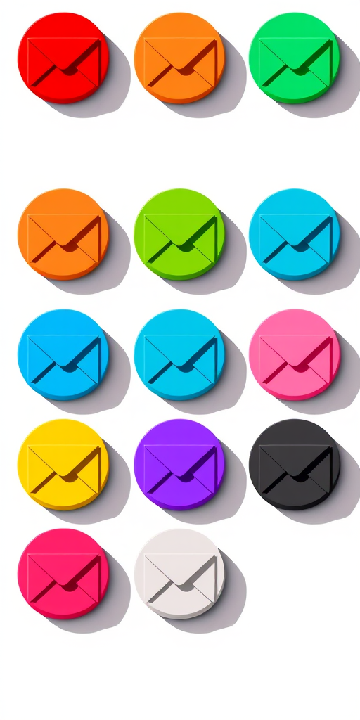 create a grid of nine circular icons representing email envelopes in varying colors (red, orange, green, blue, purple, pink, and black) with a flat design style and long shadows, use a high-resolution digital camera set to f/8 aperture, ISO 100, and a focal length of 50mm, top-down view, vibrant colors and clear details