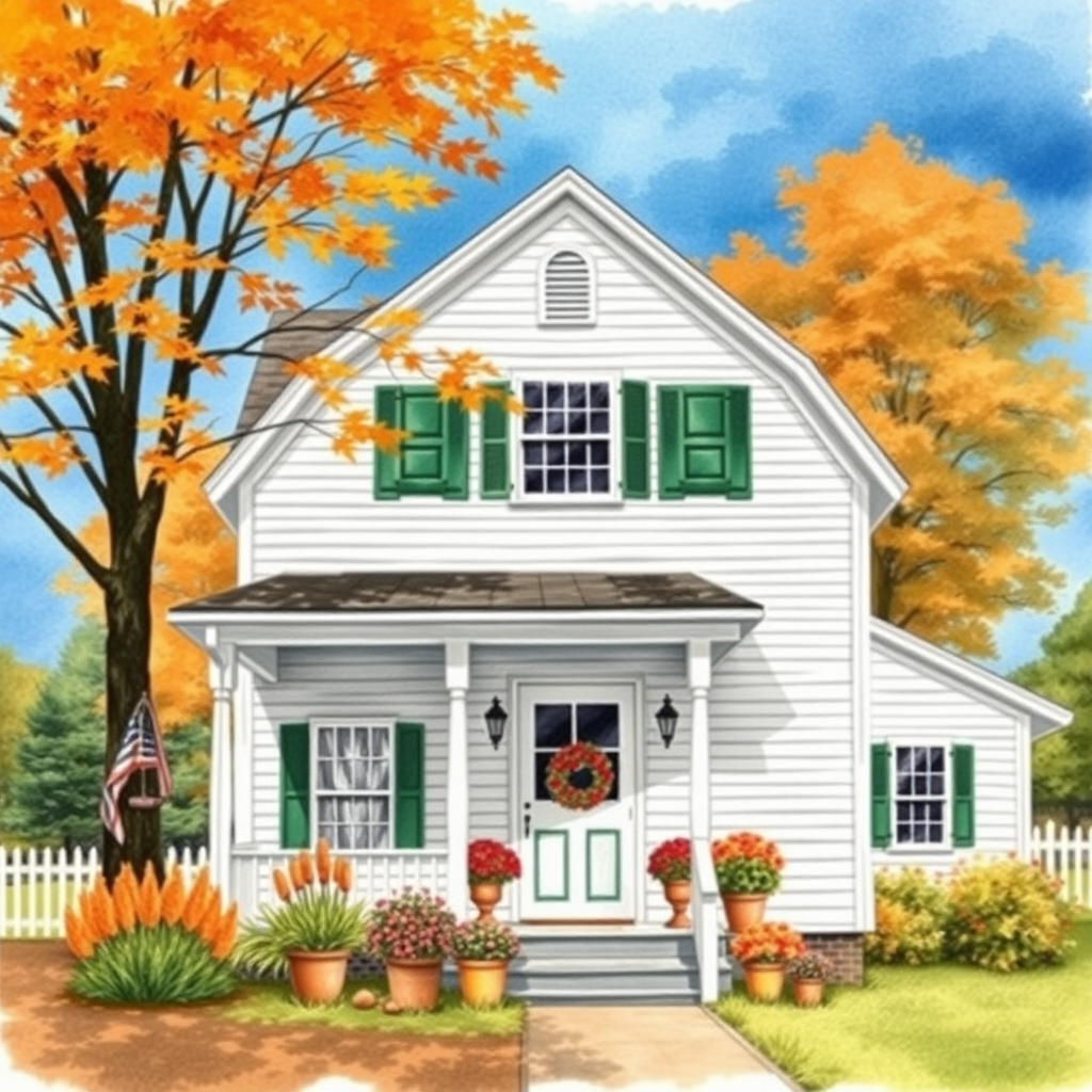 a white farmhouse with green shutters, vintage feel, blue sky, trees in autumn color, leaves slightly blowing in the breeze, colorful autumn flowers in pots on the front porch of the farmhouse, watercolor