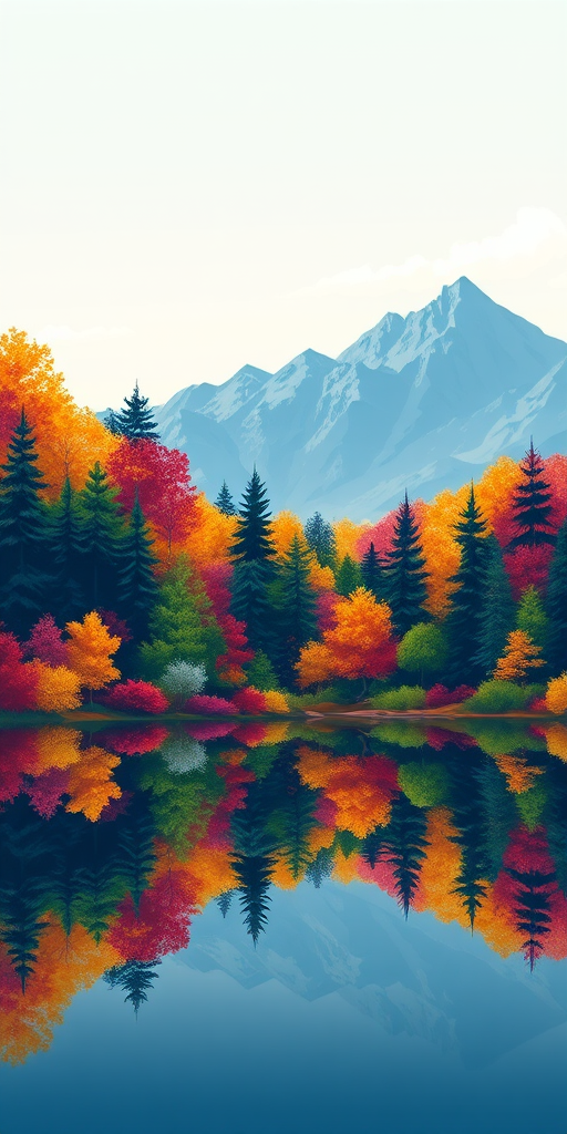 Create a vibrant illustration of a stylized forest with colorful trees and mountains in the background, reflecting on a calm water surface, captured with a Canon EOS R5, f/8 aperture, 24mm lens, and a soft focus style for enhanced quality.