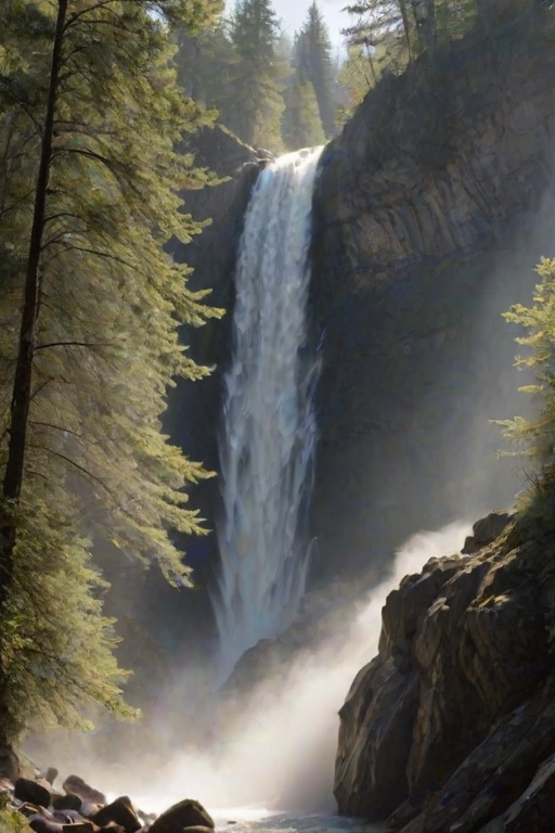 Sharp, high-resolution photo of a waterfall cascading down a rocky cliff, soft mist rising from the base, sunlight streaming through the trees, distant birds flying overhead, and the sound of rushing water filling the air.