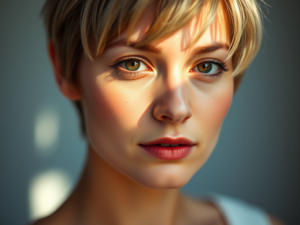 portrait of a woman with short hair, softly illuminated, showing subtle emotions, shallow depth of field, f/2.8, 50mm lens, soft pastel color palette, taken with a DSLR camera, natural light, slightly overexposed for an ethereal effect.