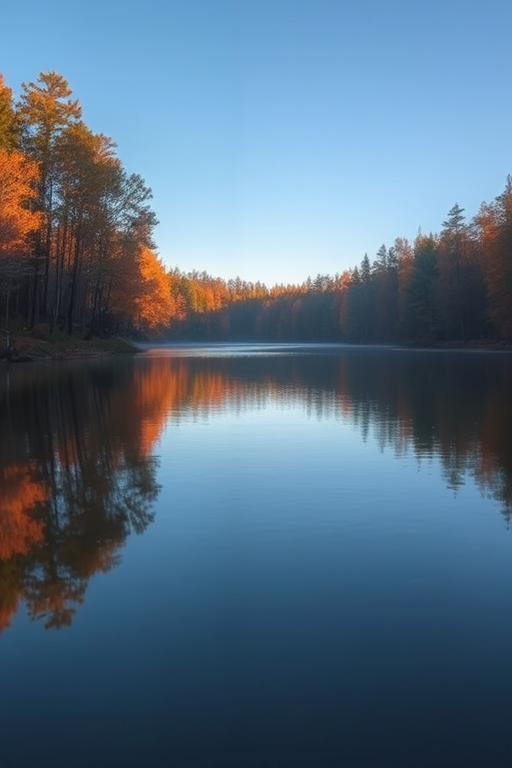 landscape of a serene lake surrounded by autumn trees, early morning light, calm water reflecting the clear blue sky, focal length 24mm, aperture f/11, ISO 100, HDR photography, wide-angle lens, DSLR camera