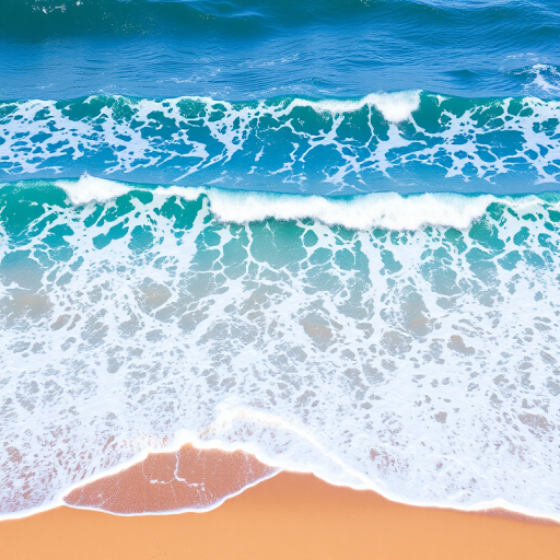 captured seascape with vibrant blue waves crashing on a sandy shore, natural lighting, f/11 aperture, 1/250 shutter speed, ISO 100, wide-angle lens, DSLR camera, clear view, high resolution