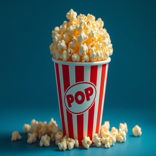 Generate a 3D render of a red popcorn cup overflowing with buttery popcorn, using a Canon EOS R5, 50mm f/1.2 lens, f/2.8 aperture, ISO 100, 1/125s shutter speed, natural lighting from the side, and a slight top-down view to accentuate the popcorn texture.