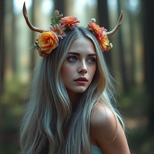 Create a mystical forest portrait of a young woman with long silver hair and floral antlers, captured in soft, diffused light with a shallow depth of field, using a Canon EOS R5, 85mm f/1.2 lens, ISO 200, aperture f/1.8, shutter speed 1/200s, in a dreamy, ethereal style.