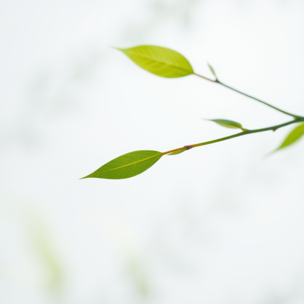 Create a high-quality image of a minimalist green leaf branch on a transparent background using a DSLR camera, 50mm lens, ISO 100, f/2.8 aperture, 1/200 sec shutter speed, soft natural lighting, and a shallow depth of field for enhanced clarity.