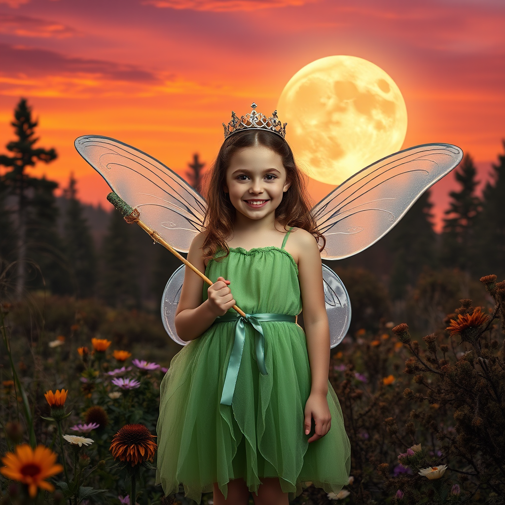 A vivid photo  taken under a bright camera flash of a fantastical scene set against a backdrop of a forest during sunset. The main subject is a girl dressed as a fairy, adorned with translucent wings and a green dress, holding a wand, her face is happy, and she wears a crown on her head. The forest behind her is a blend of flowers, shrubs and trees. The sky is painted in hues of orange and pink, with a large, glowing moon casting a warm glow over the scene. The overall color palette is dominated by earthy tones.