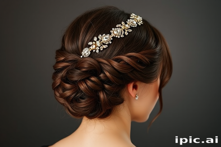 Elegant low chignon in chocolate brown, adorned with a vintage-inspired jeweled headband and soft tendrils, perfect for a timeless black-tie affair