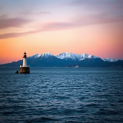 Create a serene ocean landscape featuring a lighthouse buoy in calm waters with a distant snow-capped mountain range under a twilight sky; use a DSLR camera with a 24mm lens, aperture set to f/8, ISO 100, and a slow shutter speed of 1/60s for enhanced detail and clarity.