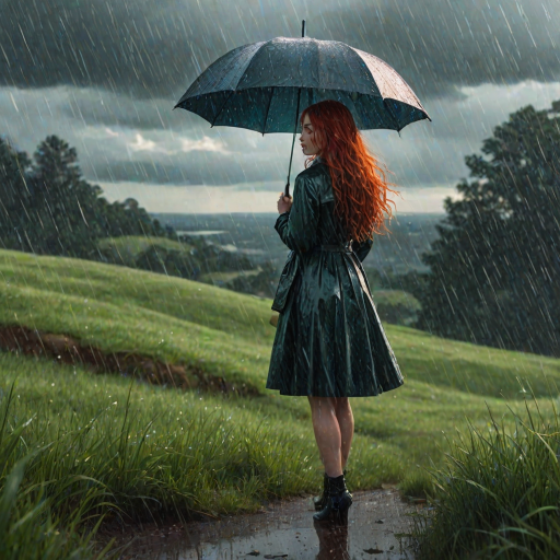 A surreal hand-drawn digital artwork depicting a mysterious red-haired woman standing on a grassy hill under the rain. She holds an umbrella crafted from iridescent zircon, its vibrant sheen contrasting with the soft, rainy atmosphere. The scene feels dreamlike, blending the natural elements of the hill and rain with the otherworldly shimmer of the umbrella.