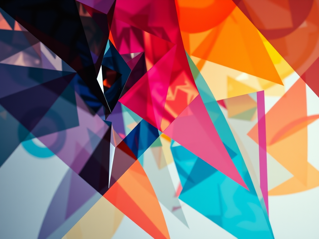 Create an abstract digital art piece with vibrant colors and geometric shapes, using a Canon EOS R5 with a 50mm lens, ISO 100, f/1.8, shooting in RAW format, with a top-down perspective and soft lighting to enhance texture and depth.