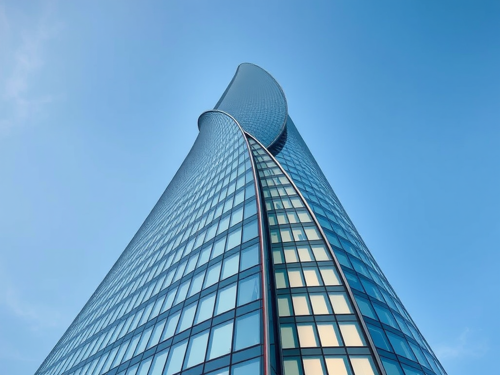 a modern skyscraper with a twisting design and glass facade against a clear blue sky, shot from a low angle, 24mm lens, f/11 aperture, ISO 100, HDR setting, full-frame DSLR camera