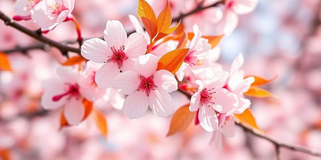 Create a high-resolution watercolor painting of cherry blossoms with soft pink petals and vibrant orange leaves, using a DSLR camera with a 50mm lens, aperture set to f/2.8, ISO 100, and a slight tilt-shift perspective for enhanced detail and depth, in natural soft light.