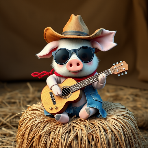 A chibi pig, dressed as a cowboy, playing guitar, sitting on a hay bale