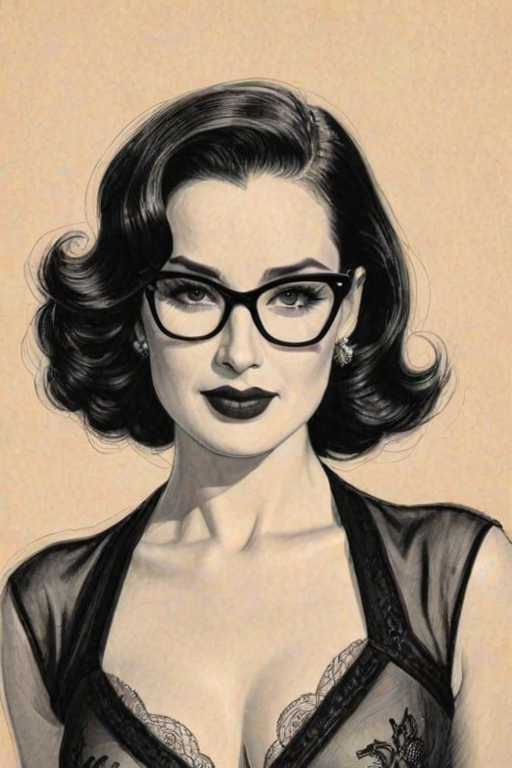 Resplendent Dita Von Teese, pencil sketch, portrait of Stunning woman 1921s in glasses, hair style beatnik, outline, clear lines, fine lines, 8k