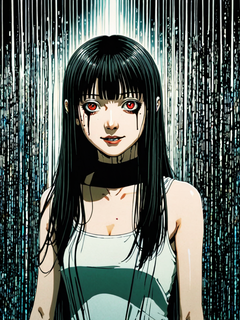 sci-fi, tomie, curtain bangs, cyberpunk, junji ito, lain, smile, dark ...