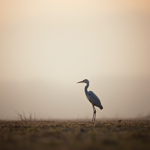 A serene scene featuring a heron standing alone in a misty landscape with soft, diffused lighting, captured using a DSLR camera, 85mm lens, f/2.8 aperture, 1/250 second shutter speed, ISO 200, with a shallow depth of field to blur the background and enhance the subject's details.