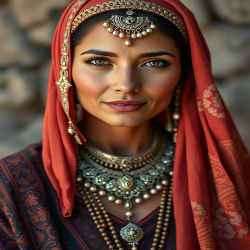 regenerate a portrait of a Middle Eastern woman with intricate jewelry and a flowing headscarf, shot with a Canon EOS R5, 50mm lens, aperture f/1.8, ISO 100, natural lighting for soft shadows and rich colors, 4K resolution, hyper-realistic style