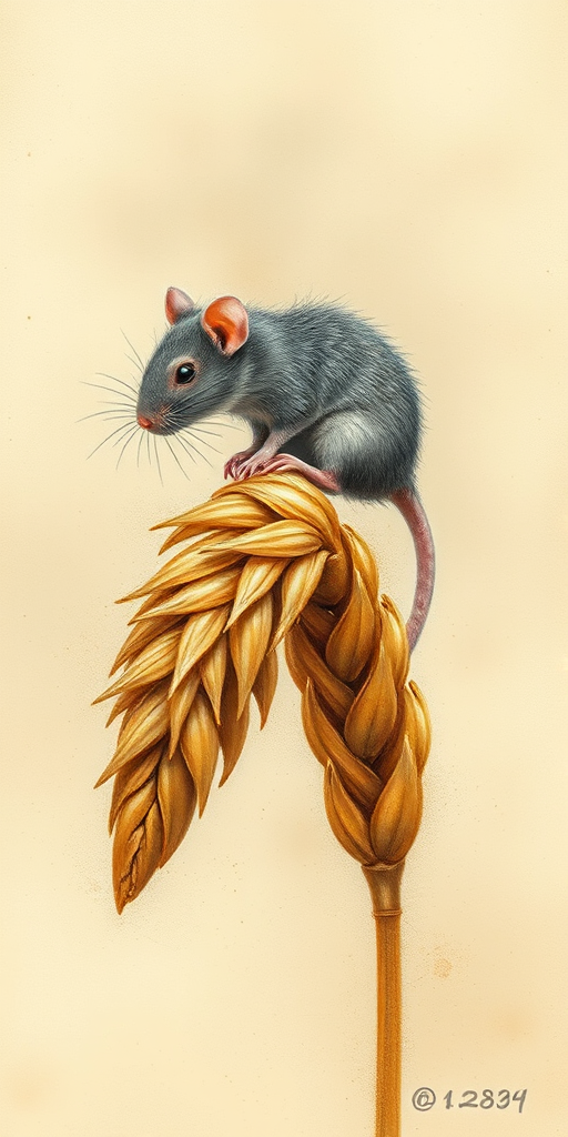 Soft, muted Alcohol Ink with ebru effect background image of tiny whimsical rat, who climbed high on the top of a golden rye ear.