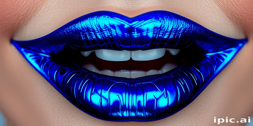 Bold electric blue lips with metallic sheen, sharp angular contours, dramatic overlined edges, daring and avant-garde Sapphire Voltage design