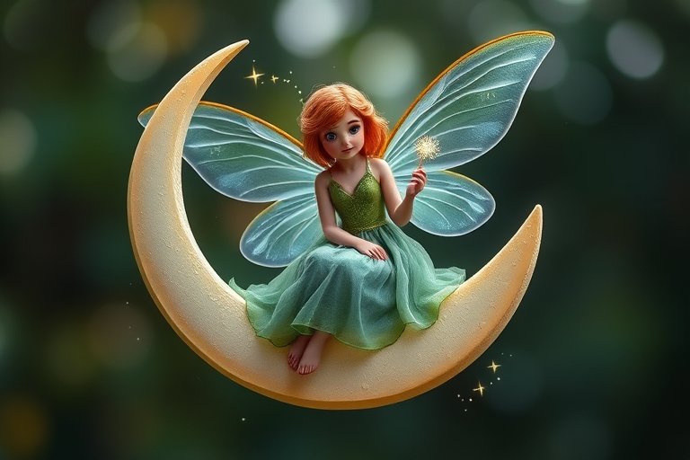 Create an image of a whimsical fairy sitting on a crescent moon with large translucent wings, wearing a flowing green dress, holding a sparkling wand with shimmering stars and sparkles around her, captured with a DSLR camera at f/2.8, ISO 100, 50mm lens, in soft natural light with a dreamy bokeh background.