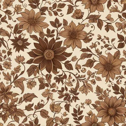 Create a seamless floral pattern featuring large brown and beige flowers with intricate designs, accompanied by smaller flowers and gentle vines on a light beige background.