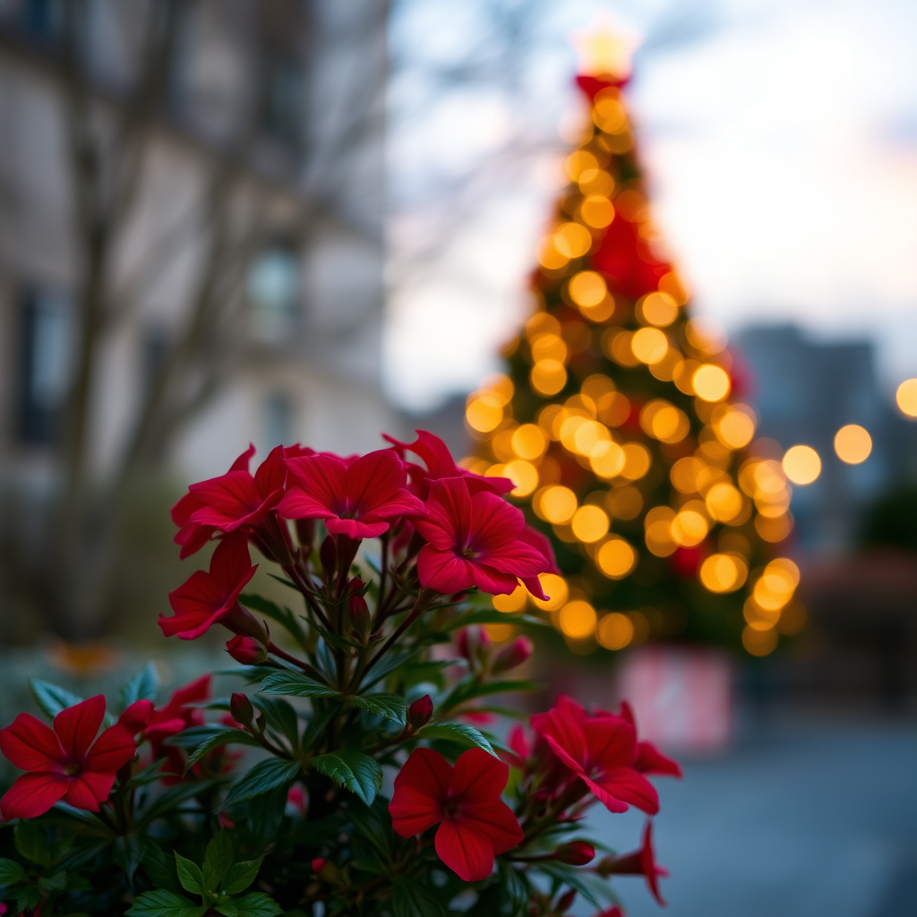 Create an image of a vibrant red flower bush in the foreground with a softly blurred background featuring a beautifully lit Christmas tree. The scene should convey a festive atmosphere with warm, glowing lights and a hint of evening sky.