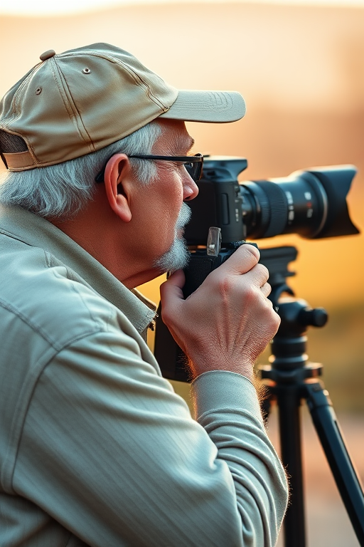 Capture an elderly man wearing a beige cap, looking at a distant view while holding a DSLR camera with a large telephoto lens on a tripod, shot at f/4 aperture, ISO 100, 1/200 sec shutter speed, in a natural outdoor setting during golden hour for warm lighting and soft bokeh.