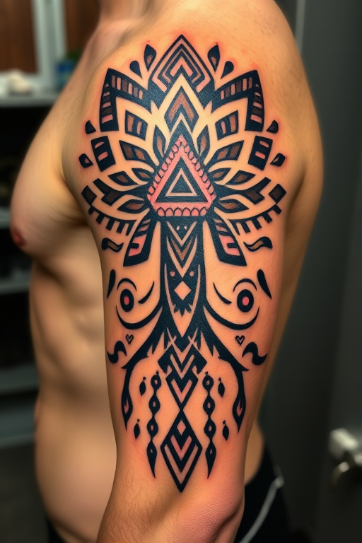 Tribal-inspired tattoo titled "Ancient Roots" incorporating bold geometric patterns and symmetrical designs inspired by various indigenous cultures around the world