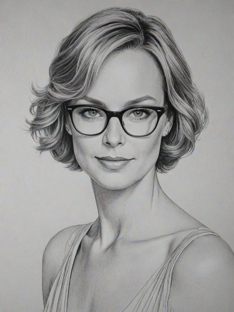 Dazzling Melora Hardin, pencil sketch, portrait of Captivating woman 1927s in glasses, hair style beatnik, outline, clear lines, fine lines, 8k