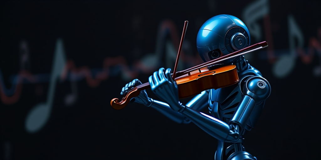 A blue metallic humanoid figure playing a violin in a dynamic pose, with a dark background filled with abstract sound waves, captured using a Canon EOS R5, 85mm lens, f/1.8 aperture, ISO 200, shot in low light with dramatic lighting for enhanced contrast and detail.