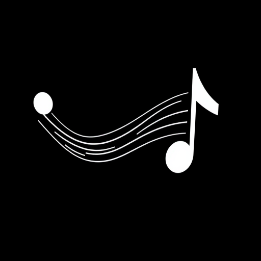 Create an image of a stylized white musical note design on a black background, captured with a Canon EOS 5D Mark IV, using a 50mm lens at f/1.8, with a focus on sharpness, high contrast, and vibrant details, in soft natural lighting.