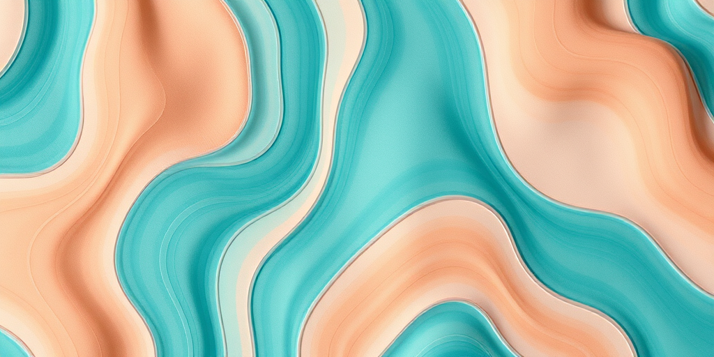 Generate a high-resolution abstract pattern with wavy lines in shades of teal and peach, using a Canon EOS 5D Mark IV, aperture f/8, shutter speed 1/125s, ISO 100, top-down view, with soft natural lighting to enhance texture and detail.