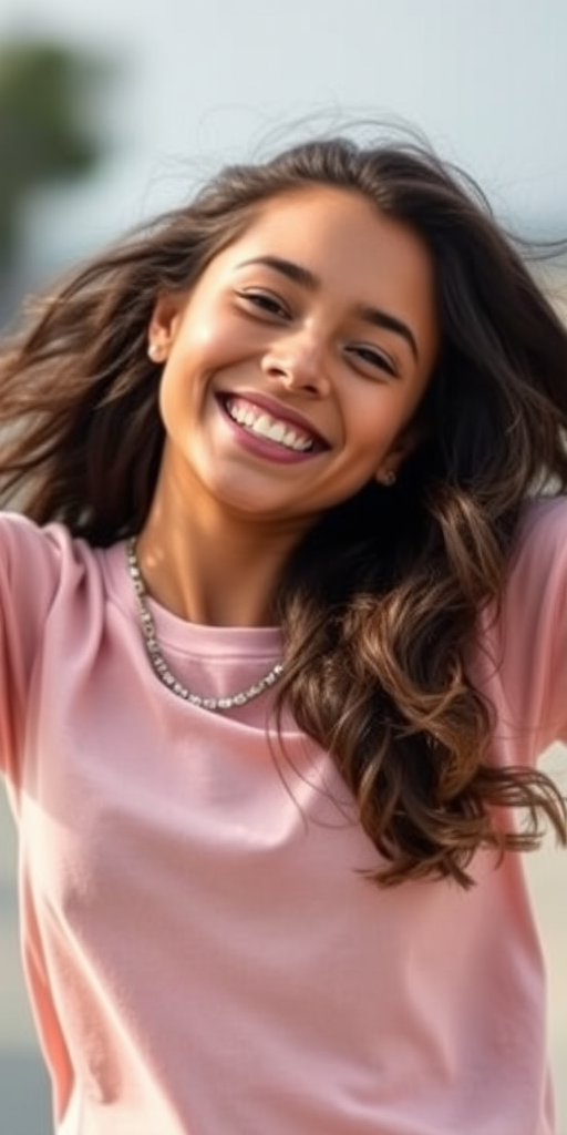 Capture a smiling young woman in motion, arms wide, against a soft blurred background, natural light, aperture f/2.8, ISO 200, shutter speed 1/500s, portrait orientation, using a DSLR camera with a 50mm lens.