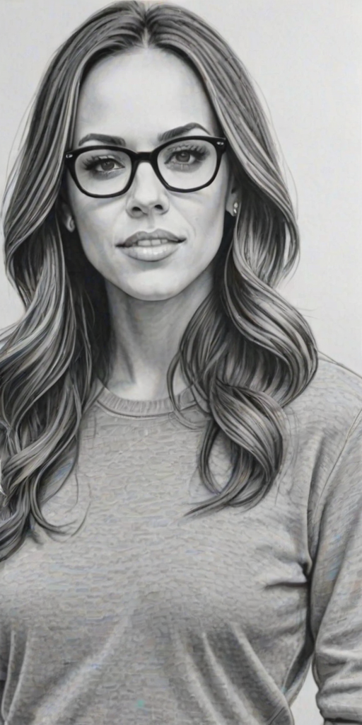 Fetching Jana Kramer, pencil sketch, portrait of Splendid woman 1959s in glasses, hair style beatnik, outline, clear lines, fine lines, 8k