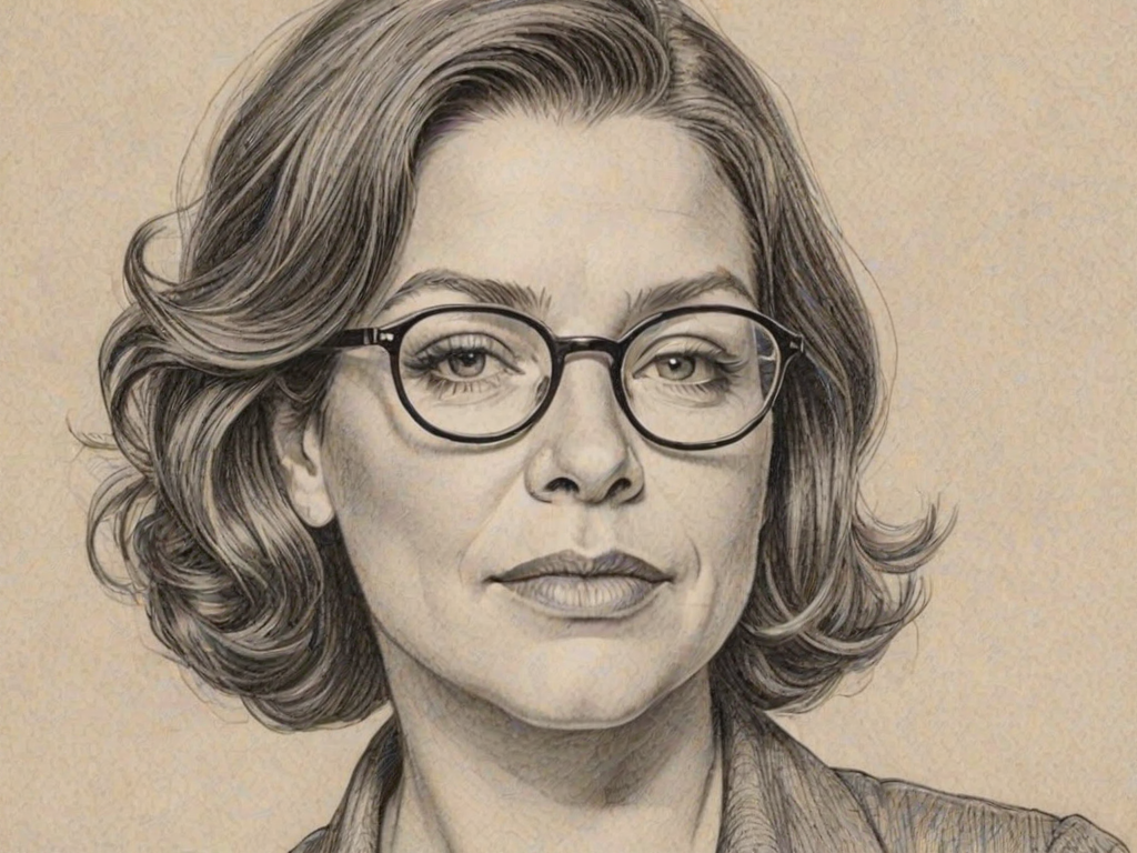 Dazzling Mindy Cohn, pencil sketch, portrait of Wonderful woman 1921s in glasses, hair style beatnik, outline, clear lines, fine lines, 8k