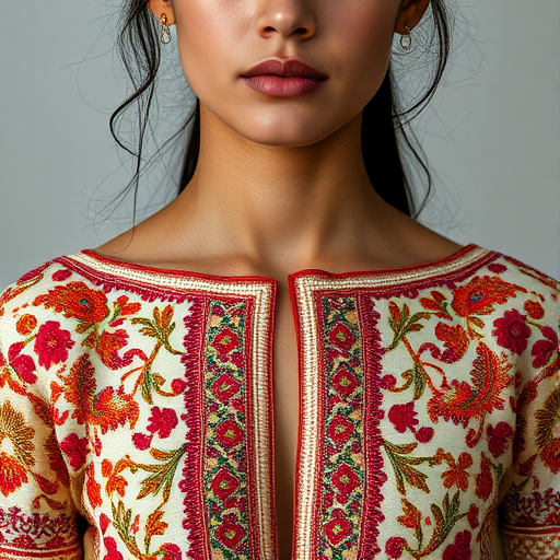 Face, shoulders, chest covered in openwork Pakistani embroidery. Raw, unedited image.