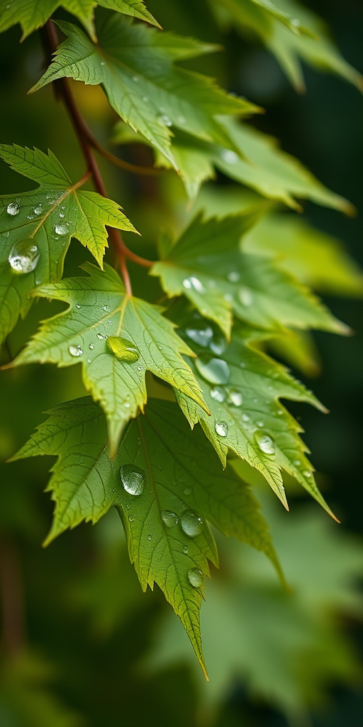 capture a close-up shot of green maple leaves with raindrops, using a shallow depth of field to create a soft background, aperture f/2.8, shutter speed 1/200s, ISO 100, 50mm lens, natural light, DSLR camera
