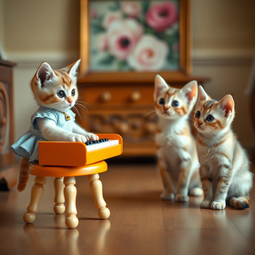 A charming scene of three cute cats in a vintage-style room. One cat, wearing a small, light-blue dress, sits on a tiny stool playing a miniature orange piano. Two other cats, with wide, curious eyes, watch the piano-playing cat intently. The room has warm lighting, with a cozy, old-fashioned aesthetic, soft wooden floors, and a blurred floral painting in the background. The overall mood is playful and whimsical, capturing the innocent curiosity of the cats. The image has a slightly worn, nostalgic feel, reminiscent of an old photograph.