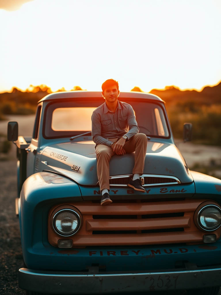 Generate an image of a person sitting on the hood of a vintage blue truck during sunset, use a shallow depth of field, with a Canon EOS R5 camera, 50mm lens, aperture f/1.8, ISO 200, and a warm color tone.