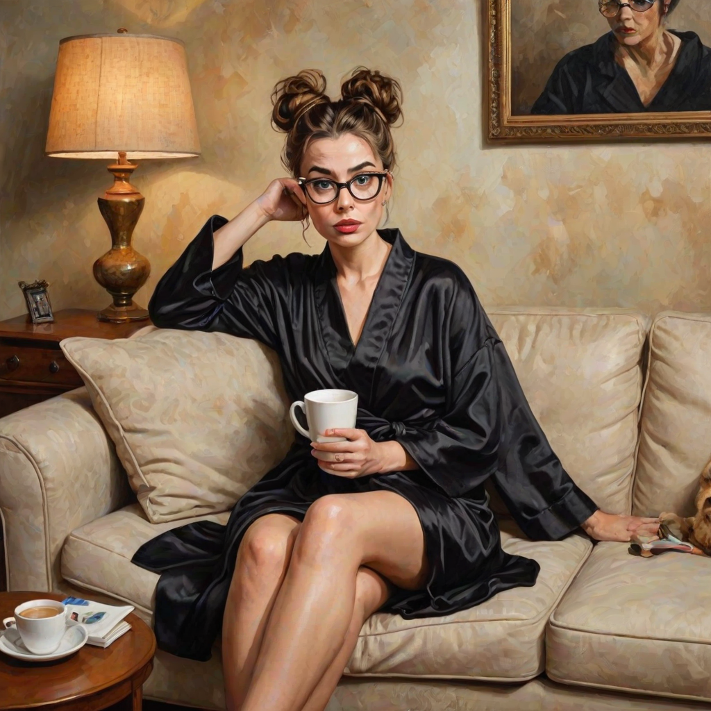 The words ‘Professional Overthinker’ (exact spelling) An exaggerated whimsical illustration of a cute silly lady with unruly messy brown bun and black glasses pouty lips and a thinking expression. Shes sitting on the couch, legs folded wearing a black silk robe, black fuzzy slippers. She’s holding her coffee cup and making a deep-in-thought face.  A quirky scruffy cat (dog) looking at her against a mottled, oil painting style soft background living room setting.