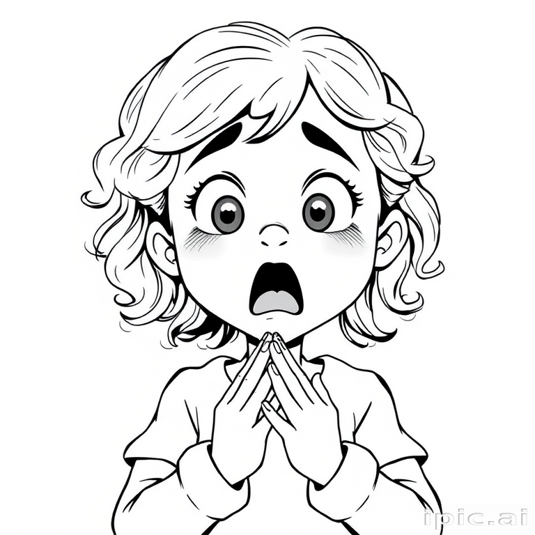 The image is a black and white illustration of a young girl with curly hair. She has a surprised expression on her face with her mouth open and her hands clasped together in front of her chest. Her eyes are wide and her eyebrows are furrowed. Her hair is styled in loose curls that are cascading down her back. The overall mood of the image is one of shock or surprise.