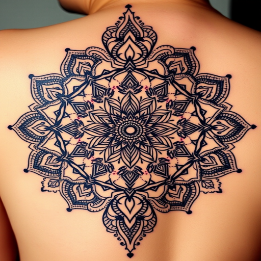 Ornate mandala tattoo incorporating intricate patterns and symmetrical designs inspired by various cultures, meticulous dotwork and linework creating mesmerizing details, spiritual and meditative symbolism