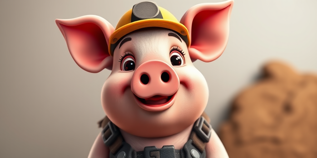 Create a high-resolution cartoon image of a pig wearing a mining hat and harness, with a friendly expression, captured in a vibrant, colorful style, using a DSLR camera with a 50mm lens at f/2.8, ISO 100, and 1/250s shutter speed, in a well-lit studio setting.