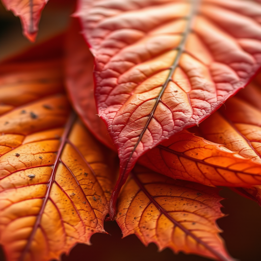 Create a highly detailed close-up image of layered autumn leaves with a warm color palette, using a DSLR camera with a macro lens, aperture set to f/2.8, shutter speed of 1/60 seconds, ISO 100, soft natural lighting, and a shallow depth of field to enhance textures and colors.